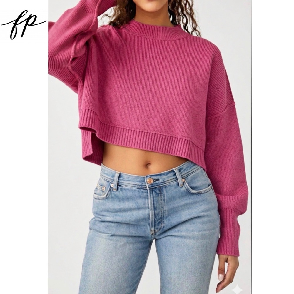 Free People Easy Street Crop Pullover Sweater in Pink M Oversized Slouchy Boho